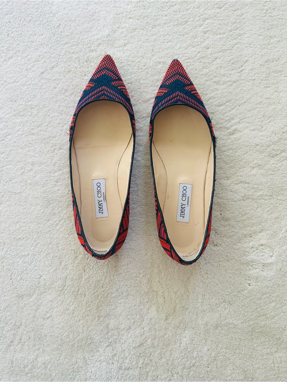 Jimmy Choo Pointed Toe Flats in Navy and Red Woven Pattern